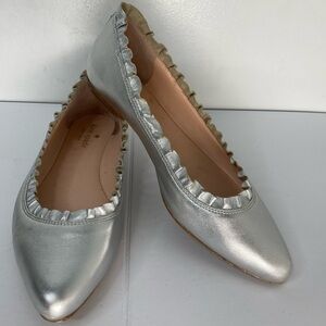 Kate Spade Metallic Silver Nicole Pointed Toe Skimmer Flats with Ruffle Edge